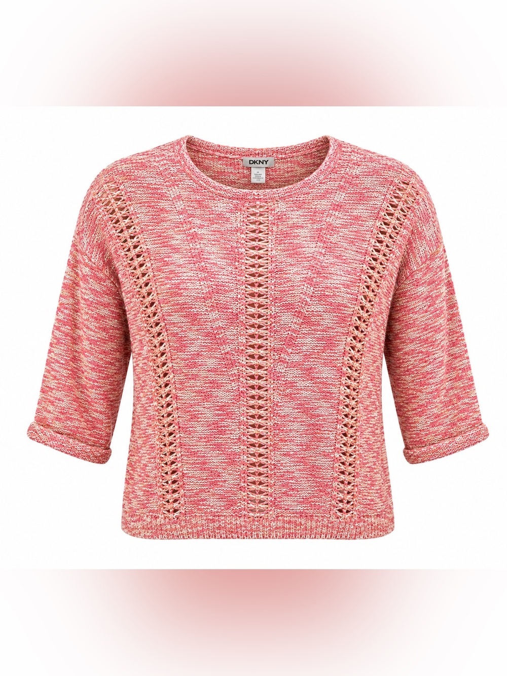 DKNY XL Pink Open Knit Crochet Sweater Short Sleeve Lightweight Pullover